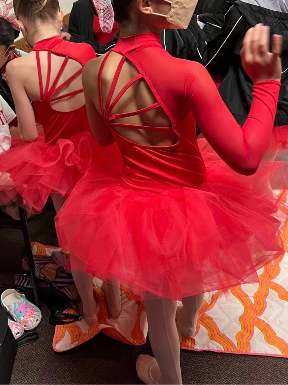 Weissman Candy Cane Red One-Shoulder Tutu Dress with Mesh Long Sleeve. Size LC